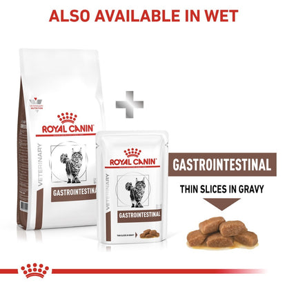 Royal Canin Gastrointestinal pet food packaging with text indicating availability in wet form.