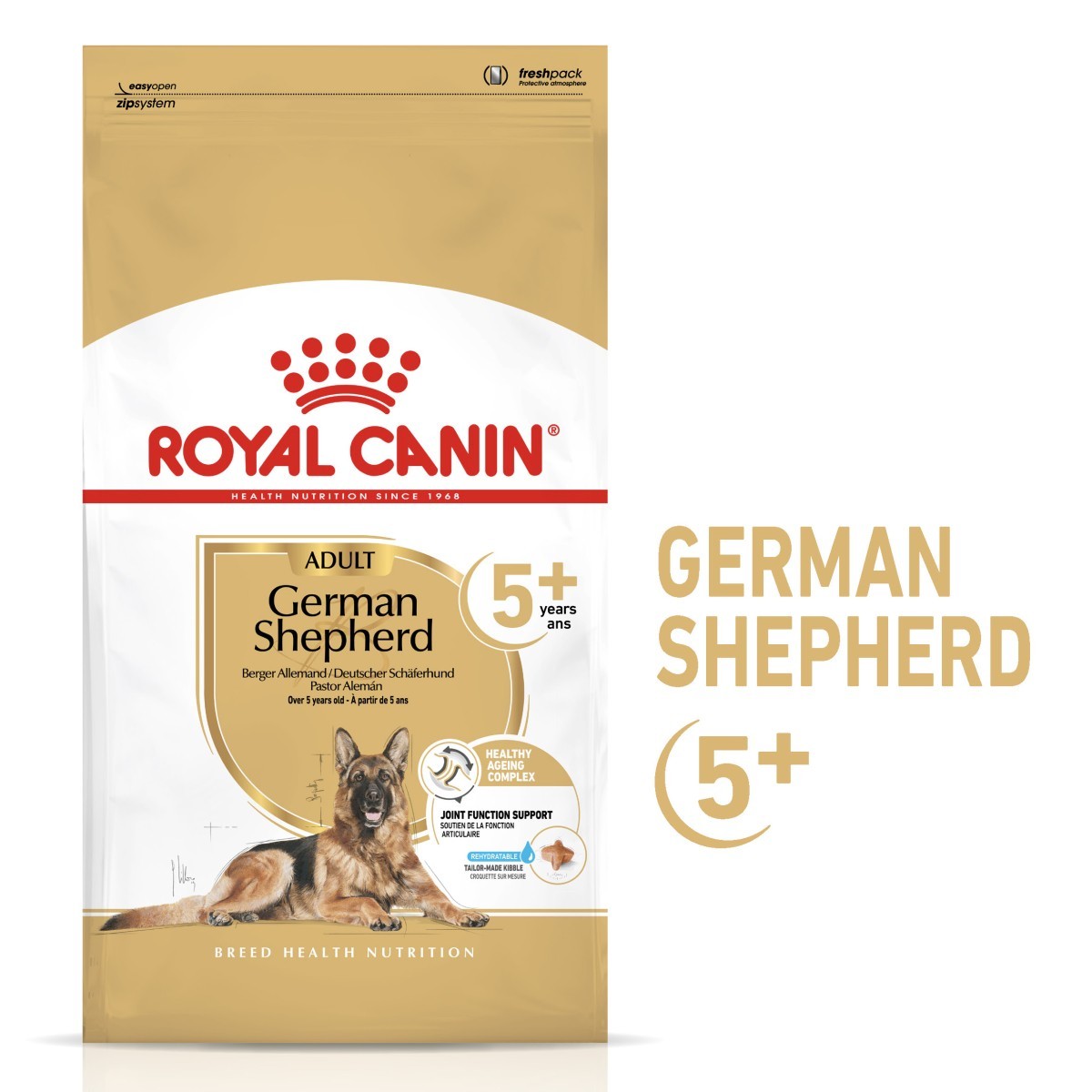 Royal Canin German Shepherd adult dog food package on a white background