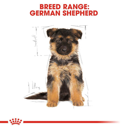 German Shepherd puppy with breed range text and Royal Canin logo.