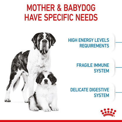 Advertisement for dog food showing a mother and baby dog with text about their needs.