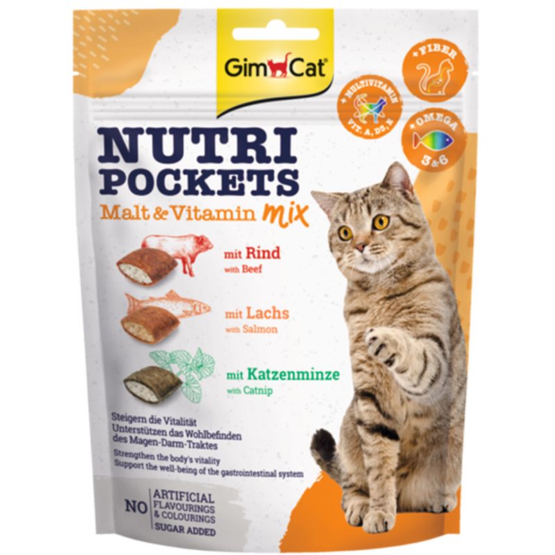 GimCat Nutri Pockets Malt & Vitamin mix packaging with a cat on a white background