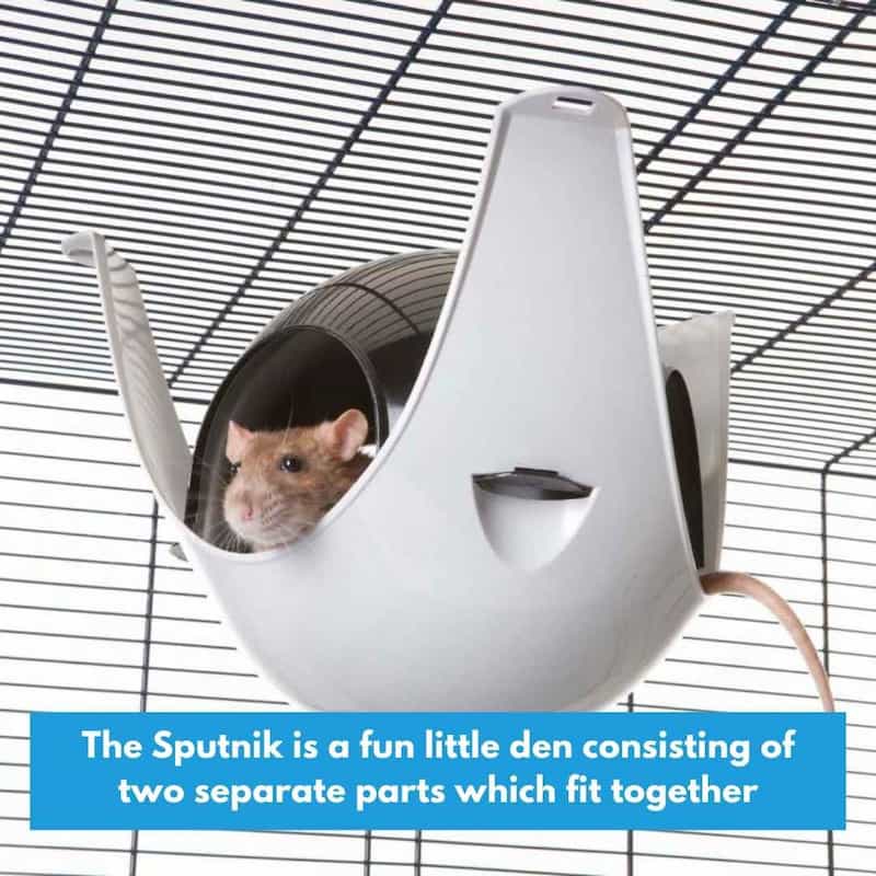 Pet product 'Sputnik' for small animals with a mouse inside, on a cage background.
