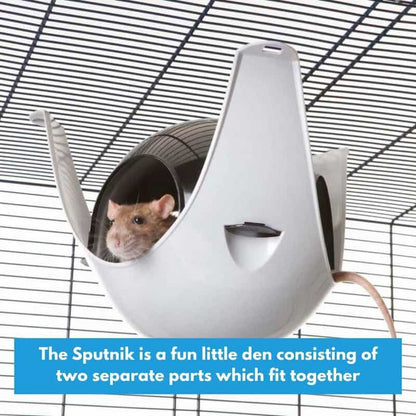Pet product 'Sputnik' for small animals with a mouse inside, on a cage background.