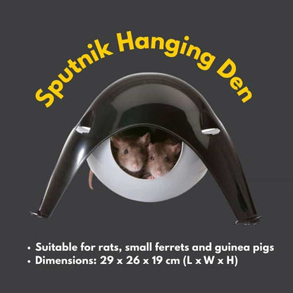 Sputnik Hanging Den with two small animals peeking out, on a dark background.