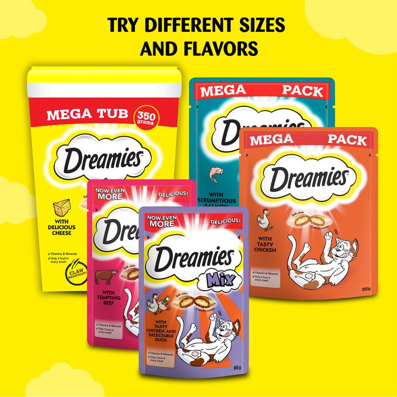 Dreamies cat treat packages in various sizes and flavors on a yellow background