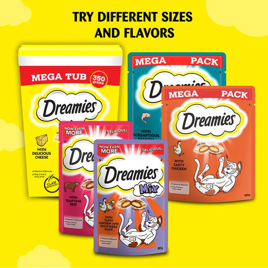 Dreamies cat treat packages in various sizes and flavors on a yellow background