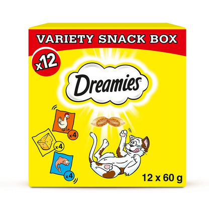Dreamies cat food variety snack box packaging on a white background