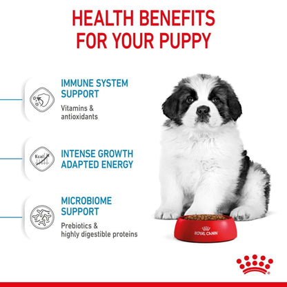 Advertisement for Royal Canin puppy food with a puppy sitting next to a bowl, highlighting health benefits.