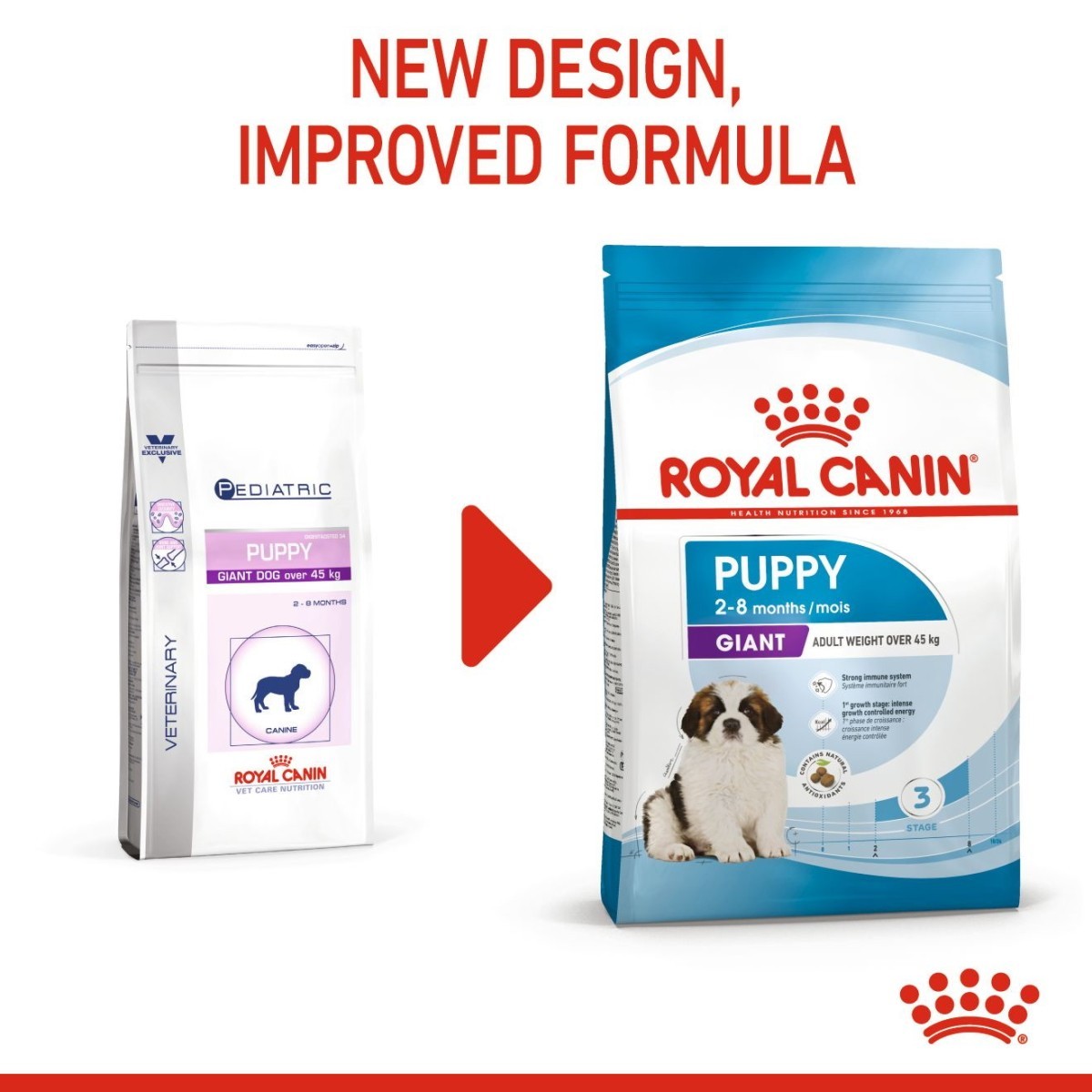 Two Royal Canin puppy food packages with text indicating a new design and improved formula.