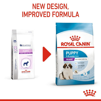 Two Royal Canin puppy food packages with text indicating a new design and improved formula.