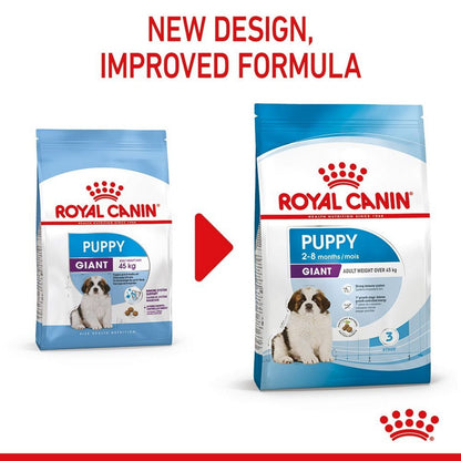 Two packages of Royal Canin Puppy Giant dog food with a red arrow and text indicating a new design and improved formula.