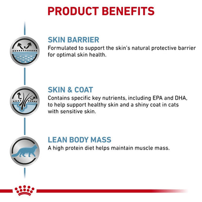 Product benefits for a pet food item, highlighting skin barrier, skin and coat support, and lean body mass.