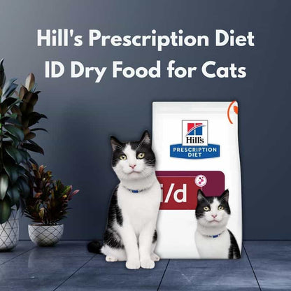 Cat sitting next to a bag of Hill's Prescription Diet ID Dry Food for Cats on a gray background