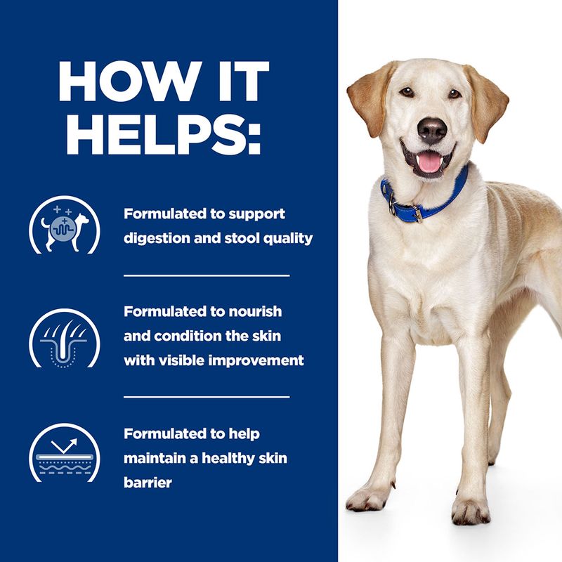 Dog with a blue collar on a white background, next to text about product benefits on a blue sidebar.