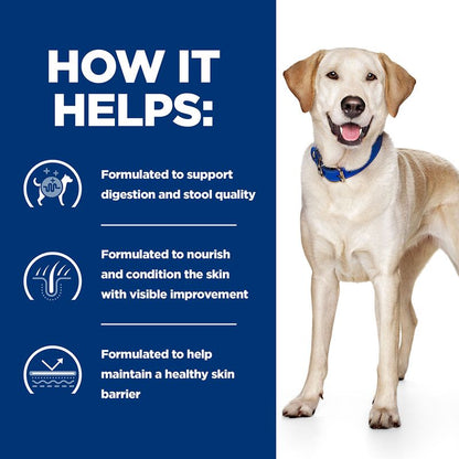 Dog with a blue collar on a white background, next to text about product benefits on a blue sidebar.