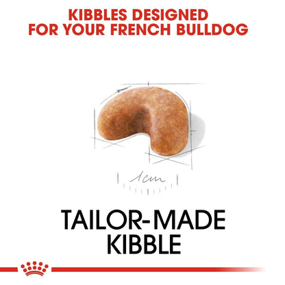 Tailor-made kibble for French Bulldogs with dimensions shown on a white background.