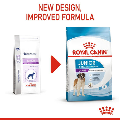 Two packages of Royal Canin Junior dog food with text indicating a new design and improved formula.