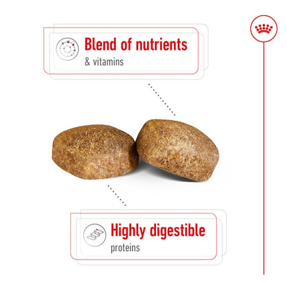 Two brown pet treats with text about nutrients, vitamins, and digestible proteins on a white background.