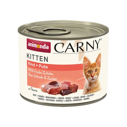 Can of Animonda Carny Kitten food with a cat illustration on a white background