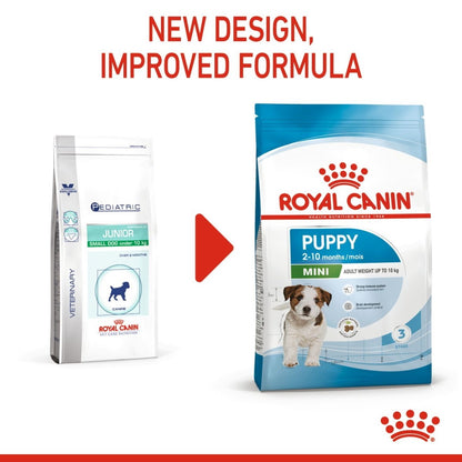 Two Royal Canin dog food packages with text indicating a new design and improved formula.