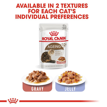 Royal Canin Ageing 12+ cat food pouch with gravy and jelly options on a white background.