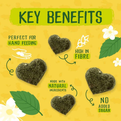 Key benefits of heart-shaped food items on a yellow background with green text and illustrations.