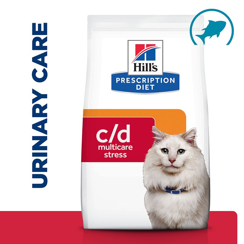Hills Prescription Diet c/d multicare stress cat food packaging with a white cat on a red background