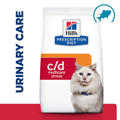 Hills Prescription Diet c/d multicare stress cat food packaging with a white cat on a red background