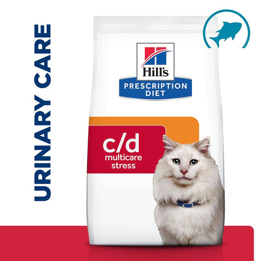 Hills Prescription Diet c/d multicare stress cat food packaging with a white cat on a red background