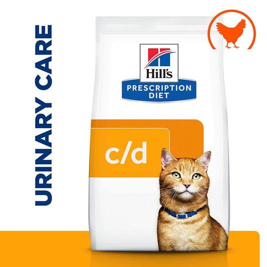 Hill's Prescription Diet c/d Urinary Care cat food bag with a cat on the label.