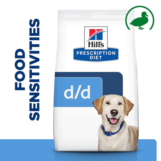 Hills Prescription Diet d/d food sensitivities dog food package with a dog on the label.