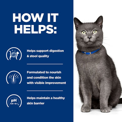 Gray cat wearing a blue collar with text on a blue background about product benefits.