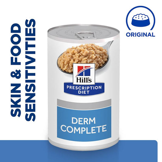 Can of Hills Prescription Diet Derm Complete on a blue background