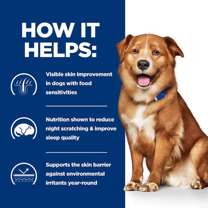 Dog with a blue background and text about product benefits