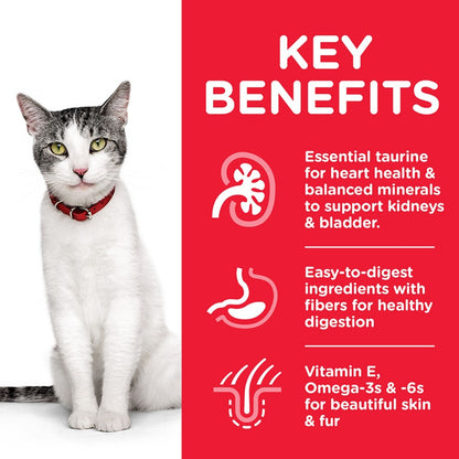 Cat with a red collar on a white background next to a list of key benefits on a red background