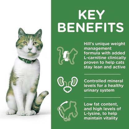 Cat with a green collar on a white background, next to text about Hill's cat food benefits.