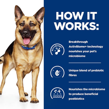 German Shepherd dog with text explaining ActivBiome+ technology on a blue background