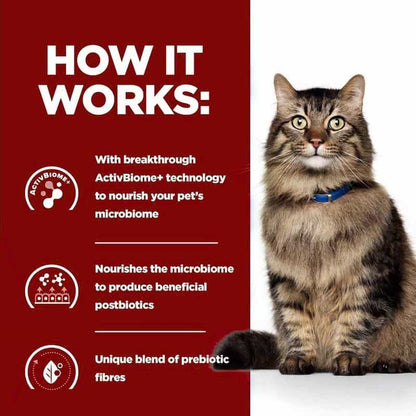 Cat with text explaining ActivBiome technology on a red background