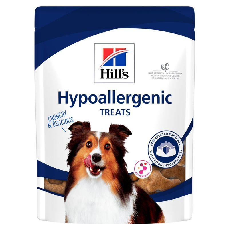 Hills hypoallergenic treats packaging with a dog on a white background