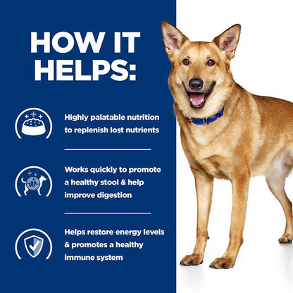 Dog standing next to a list of benefits on a blue background