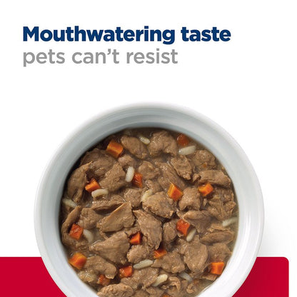Pet food in a bowl with text 'Mouthwatering taste pets can't resist' on a white background