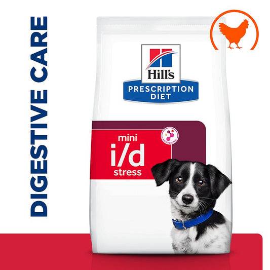 Hills Prescription Diet mini i/d stress dog food packaging with a dog on the label.