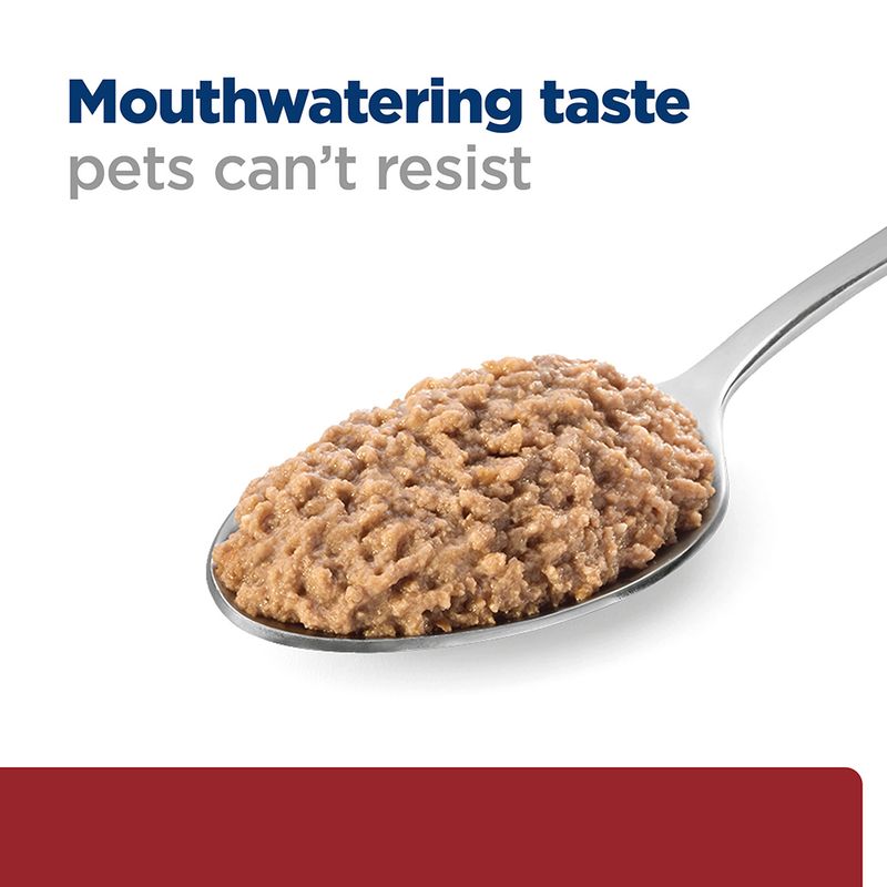 Spoonful of pet food with text 'Mouthwatering taste pets can't resist' on a white background