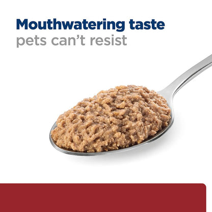Spoonful of pet food with text 'Mouthwatering taste pets can't resist' on a white background