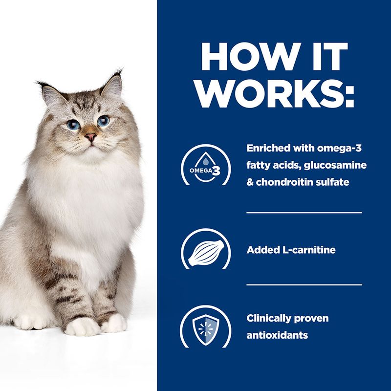 Cat on a white background with a blue text box explaining product benefits.