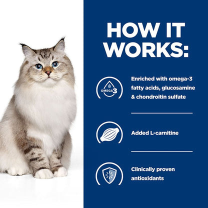 Cat on a white background with a blue text box explaining product benefits.