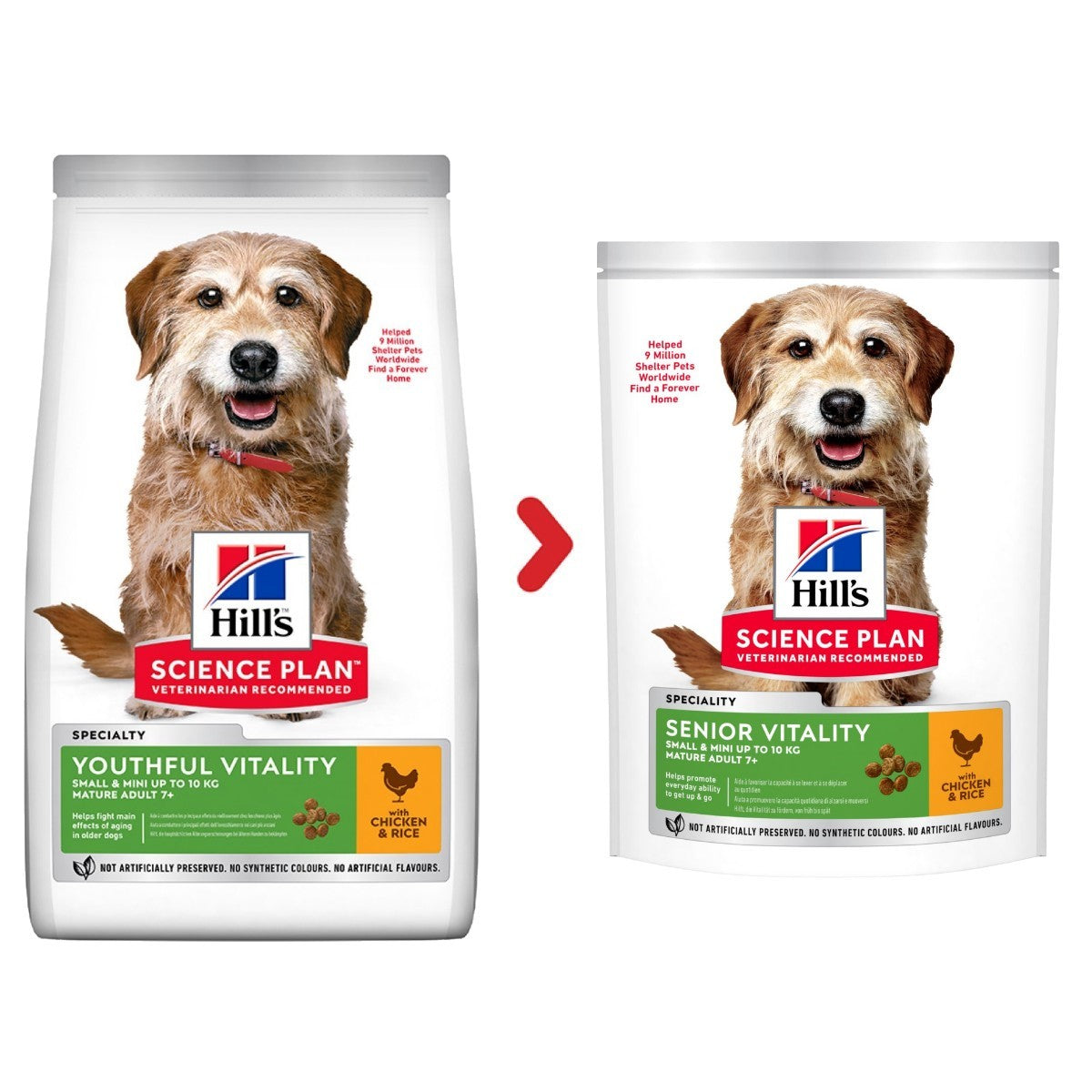 Two packages of Hills Science Plan dog food for youthful vitality and senior vitality on a white background.