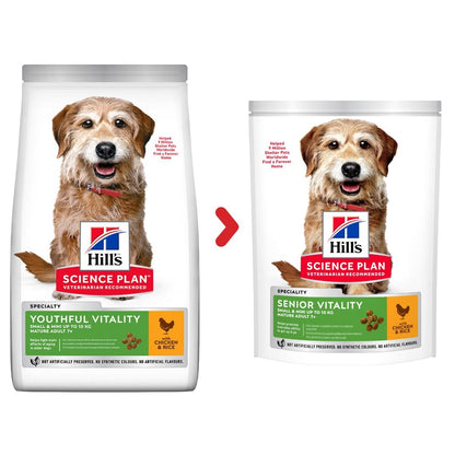 Two packages of Hills Science Plan dog food for youthful vitality and senior vitality on a white background.