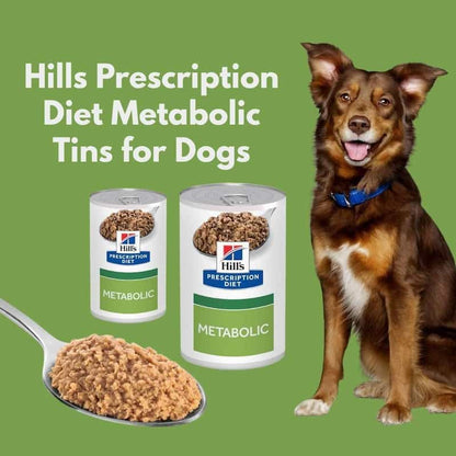 Hills Prescription Diet Metabolic Tins for Dogs with a dog and food on a green background