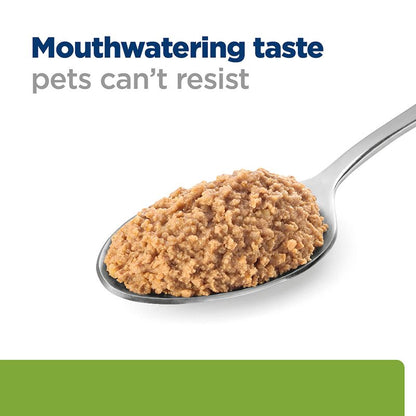 Spoonful of brown pet food with text 'Mouthwatering taste pets can't resist' on a white background
